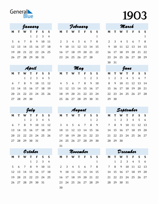 Calendar 1903 Free Download and Print