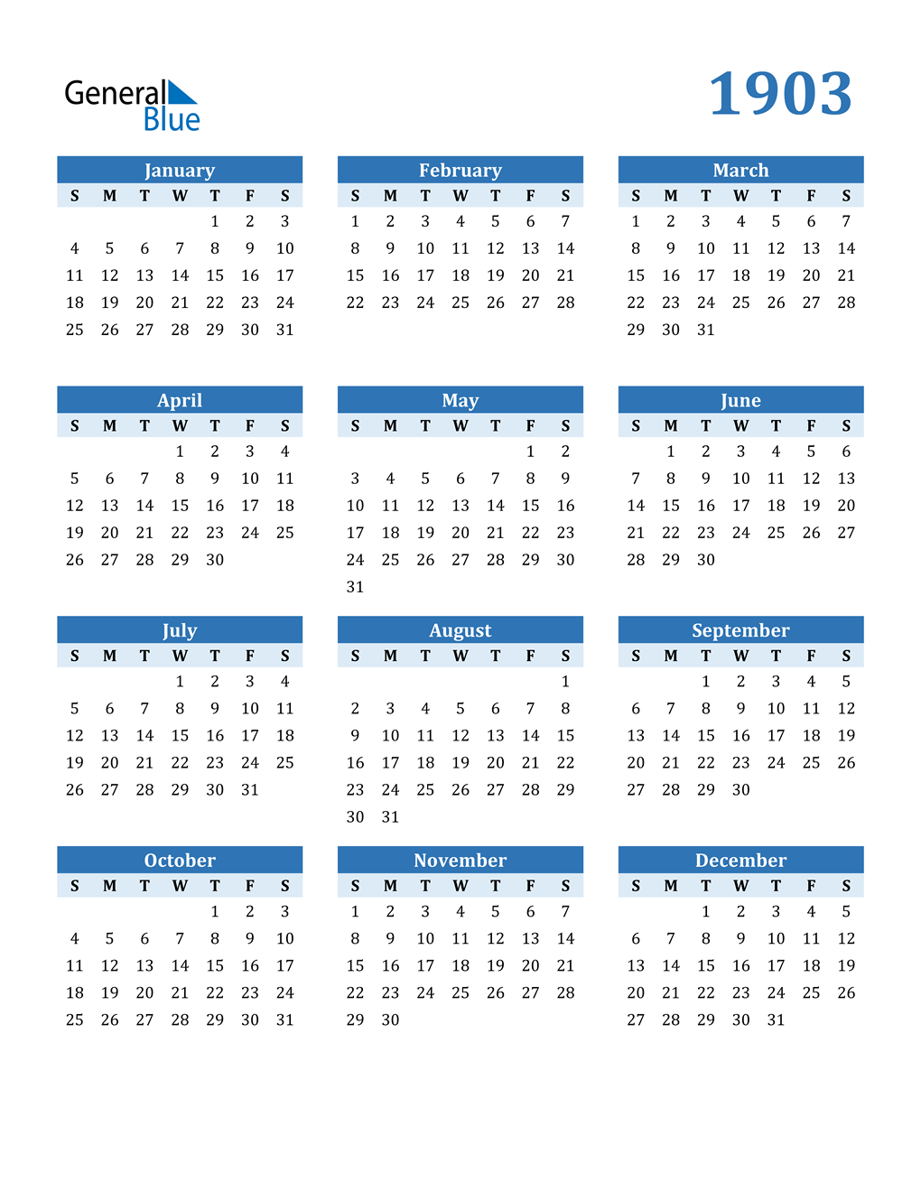 1903 Calendar (PDF, Word, Excel)