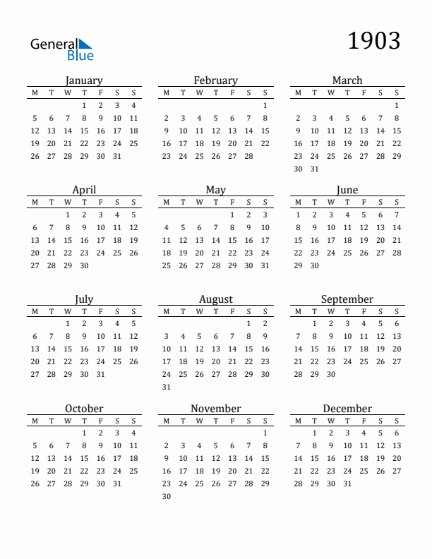 Free Printable Calendar 1903 with Monday Start