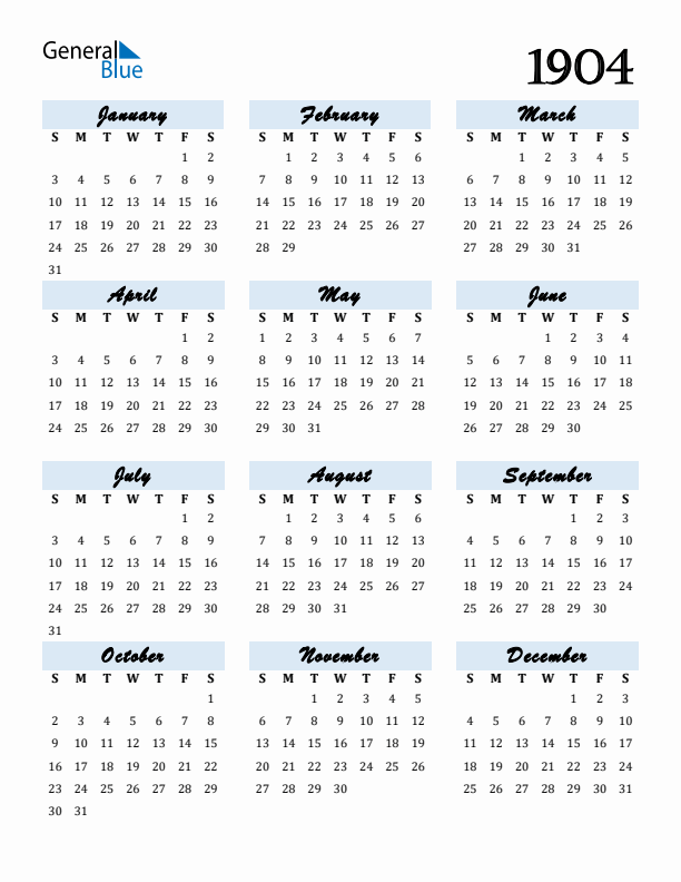 Calendar 1904 Free Download and Print