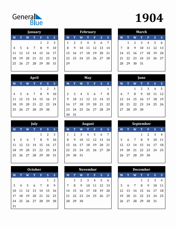 Editable Calendar 1904 - Monday Start