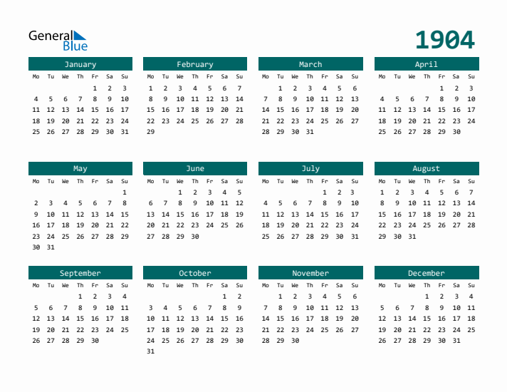 Downloadable 1904 Calendar