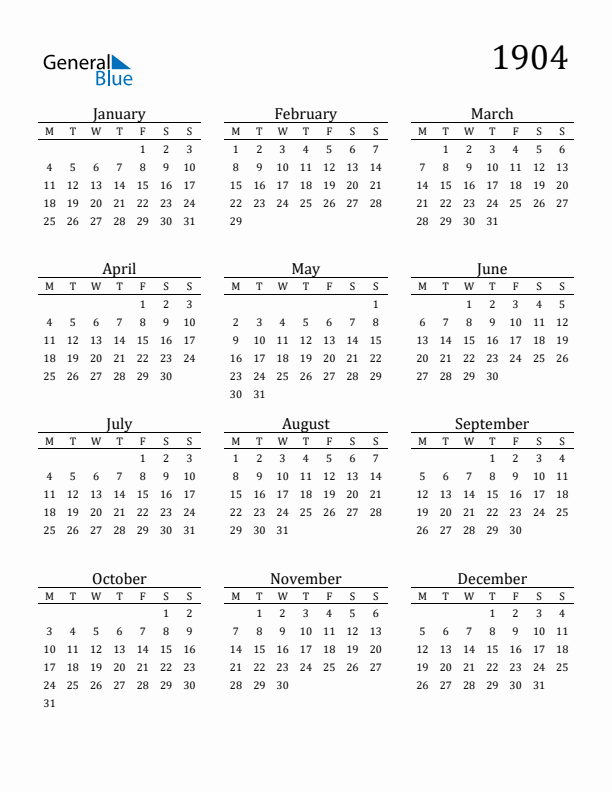 Free Printable Calendar 1904 with Monday Start