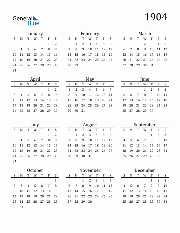 Free Printable Calendar 1904 with Sunday Start