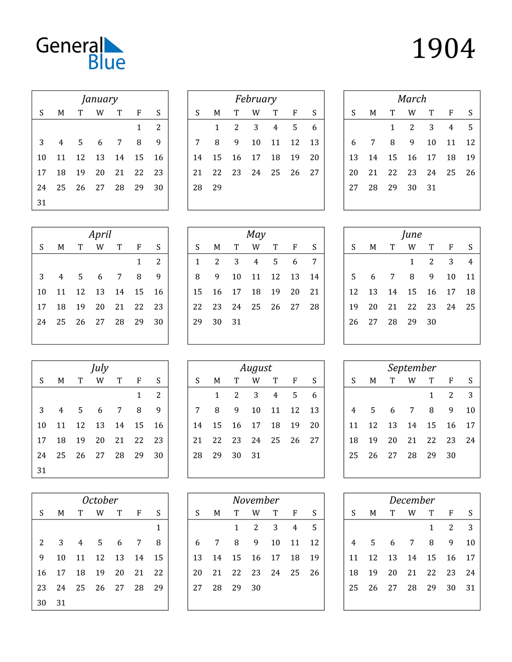 1904 Calendar (PDF, Word, Excel)