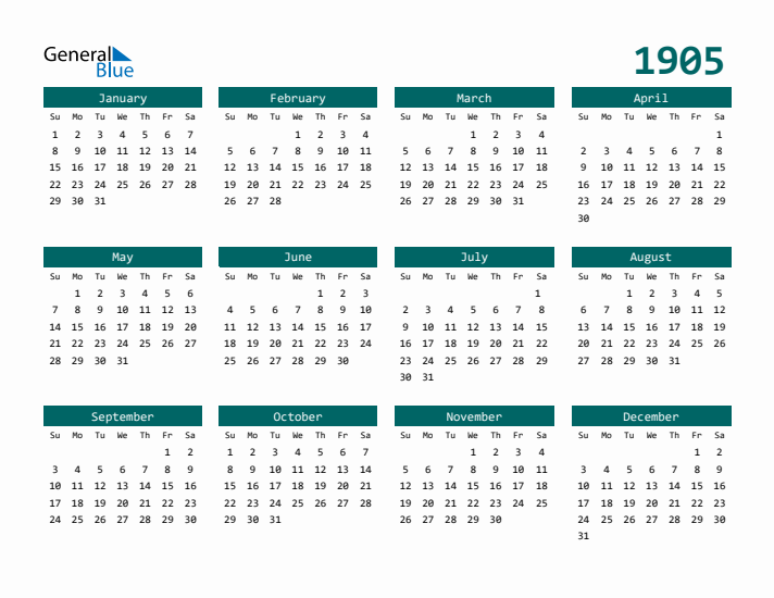 Downloadable 1905 Calendar