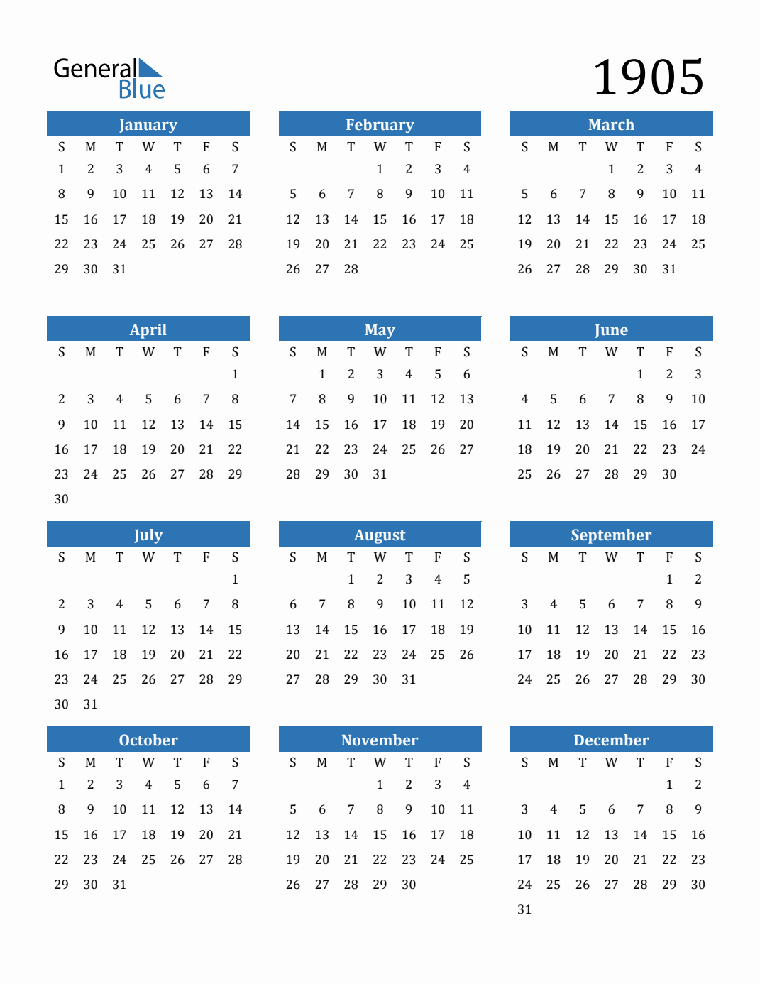 Free 1905 Calendars in PDF, Word, Excel