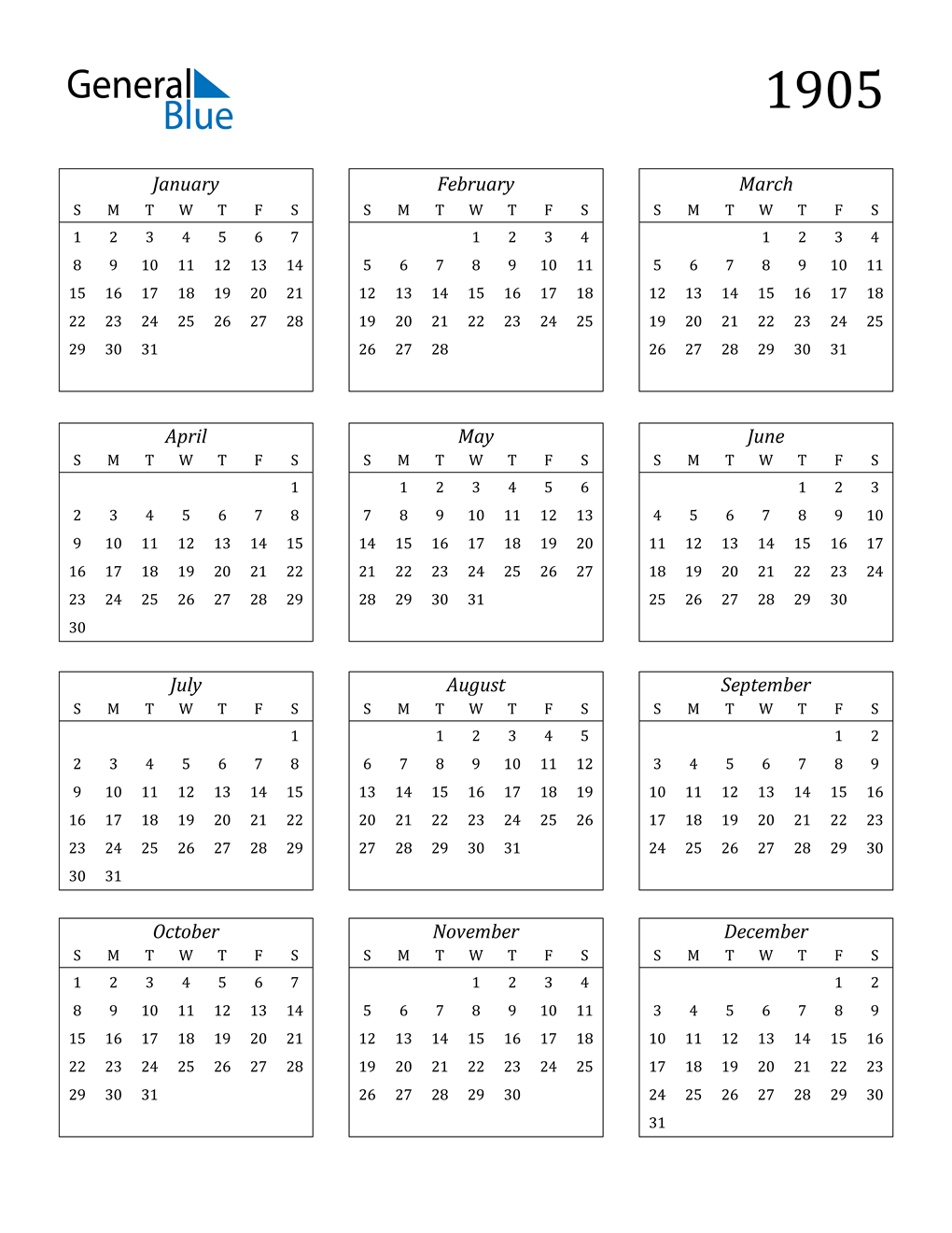 1905 Calendar (PDF, Word, Excel)