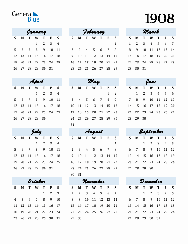 Calendar 1908 Free Download and Print