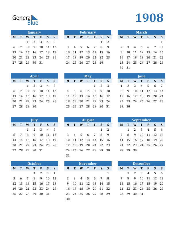 1908 Year Calendar with Monday Start