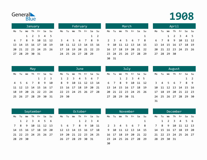 Downloadable 1908 Calendar