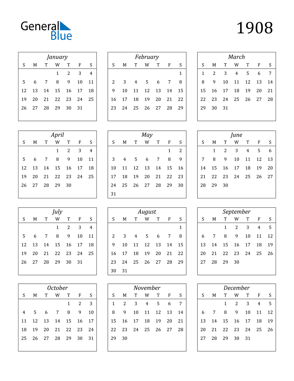 1908 Calendar (PDF, Word, Excel)