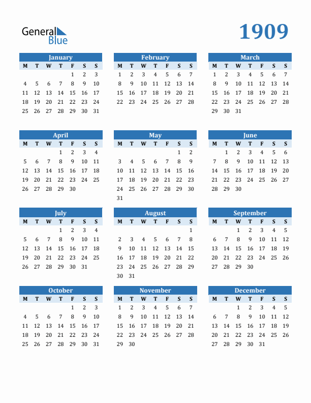 1909 Year Calendar with Monday Start