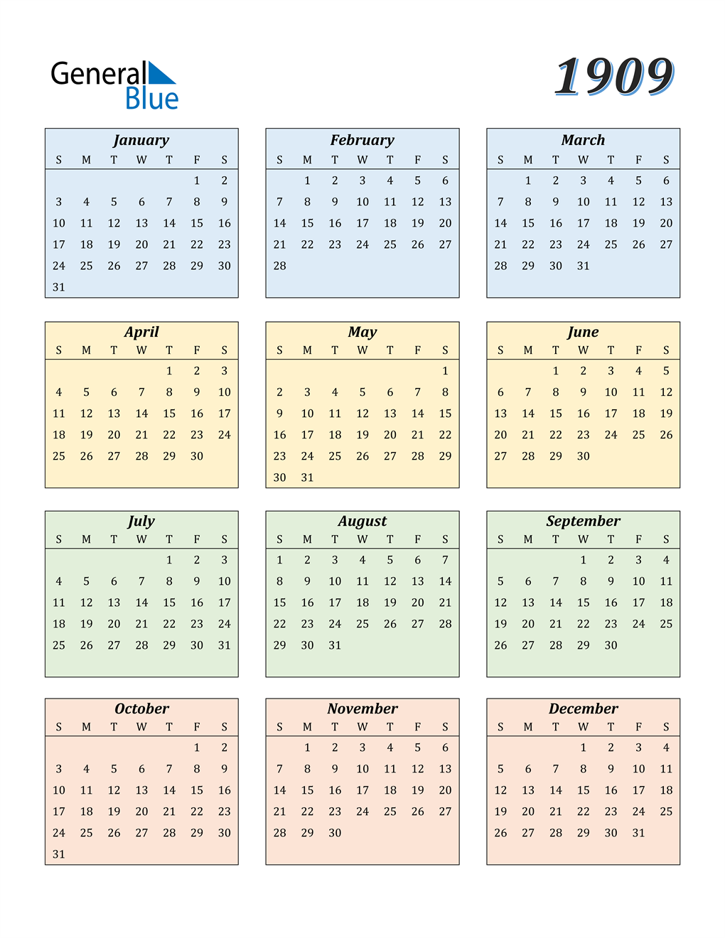 1909 Calendar (PDF, Word, Excel)