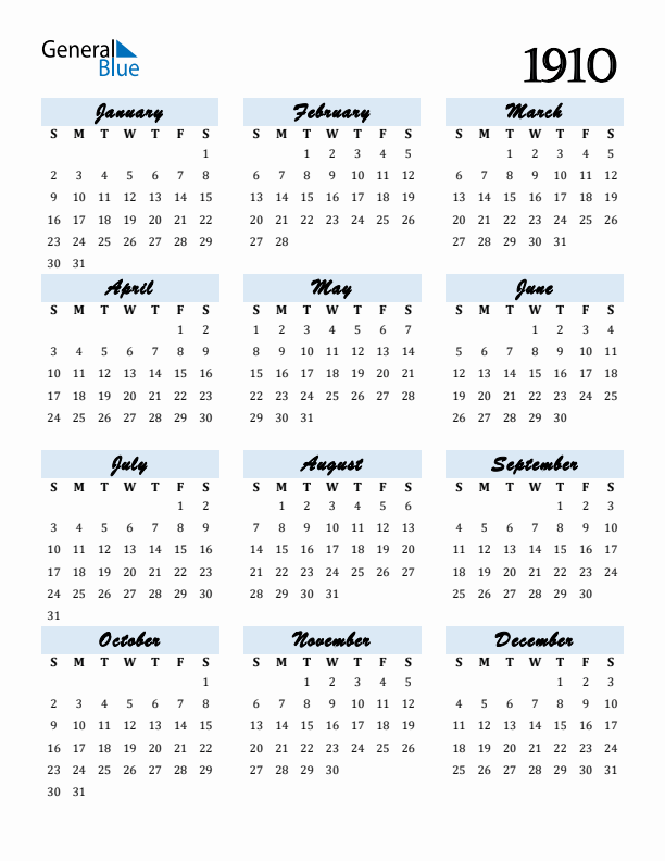 Calendar 1910 Free Download and Print