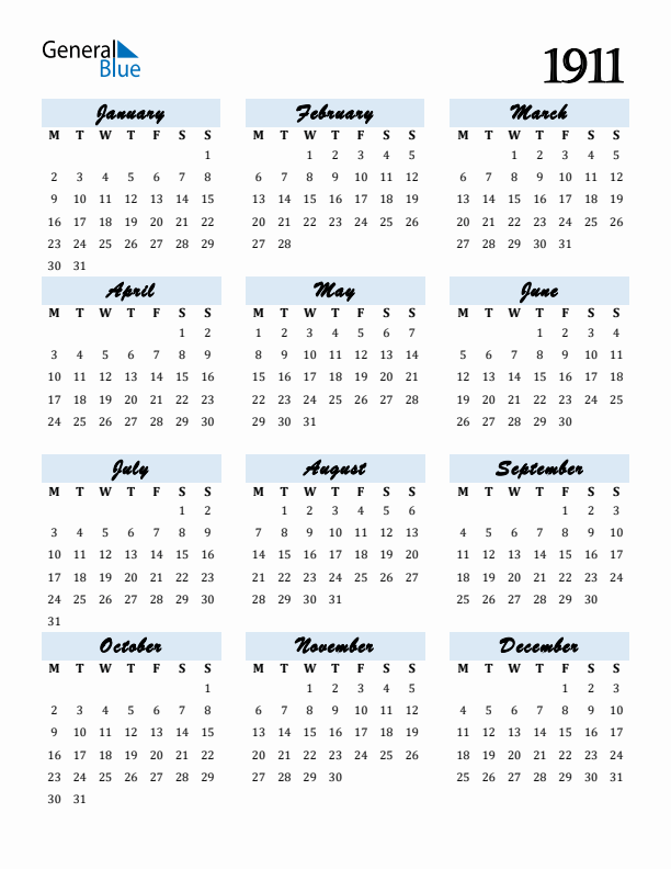 Calendar 1911 Free Download and Print