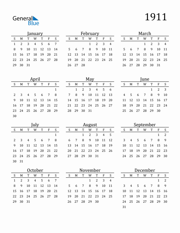 Free Printable Calendar 1911 with Sunday Start