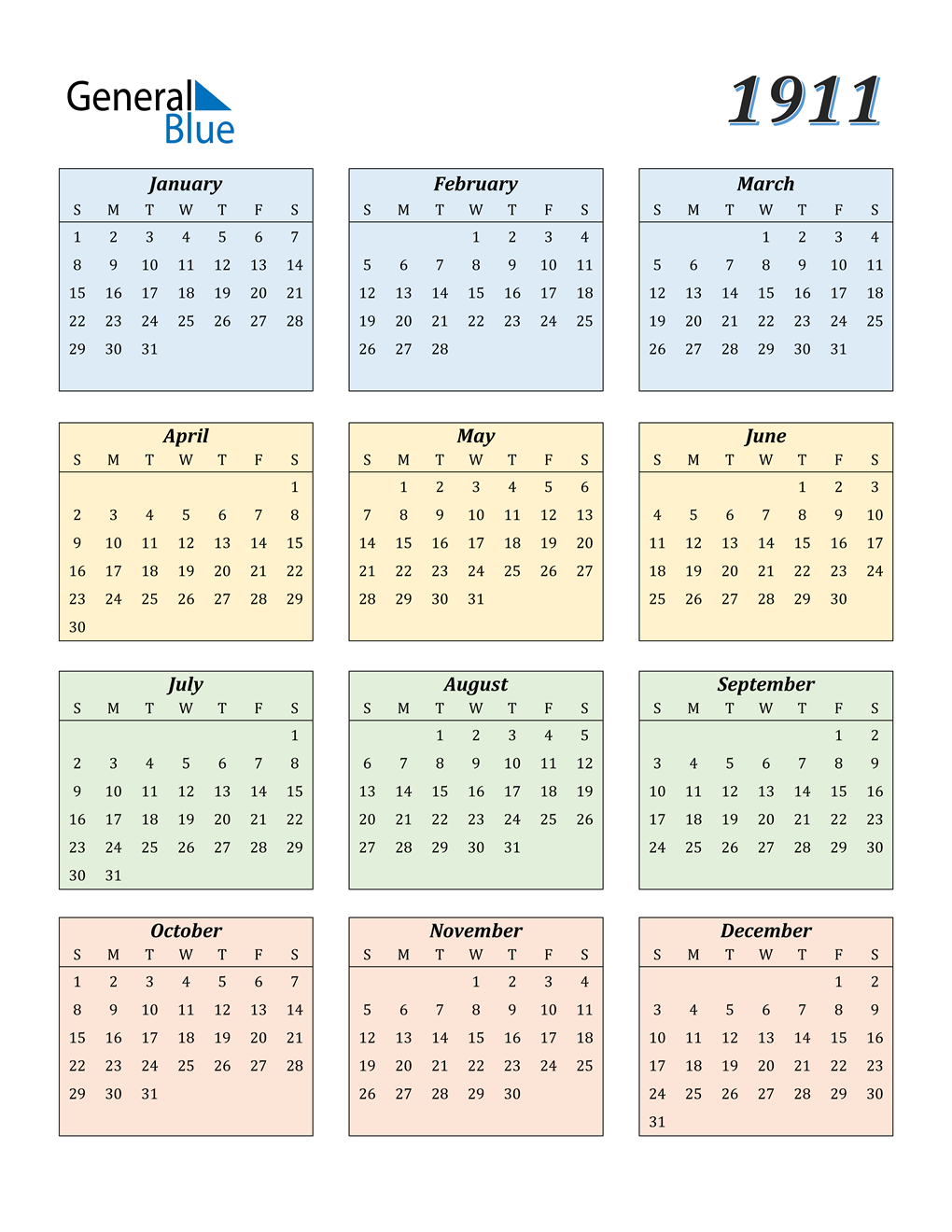 1911 Calendar (PDF, Word, Excel)