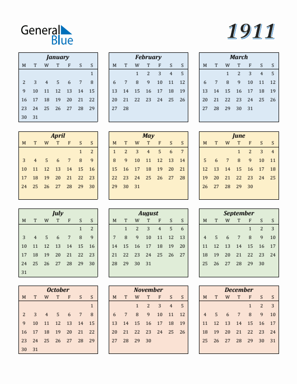 Calendar for 1911 (Monday Start)