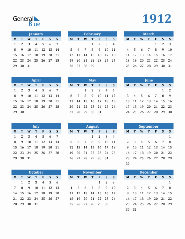 1912 Year Calendar with Monday Start