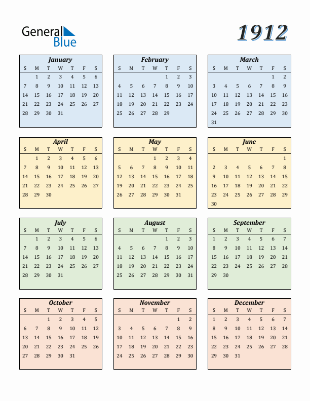 1912 Calendar (PDF, Word, Excel)