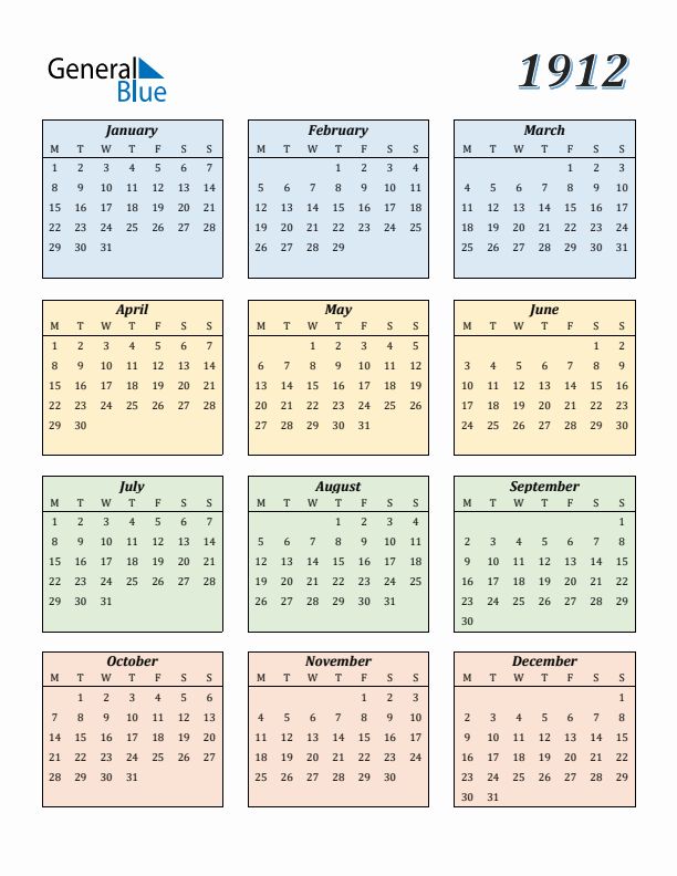 Calendar for 1912 (Monday Start)