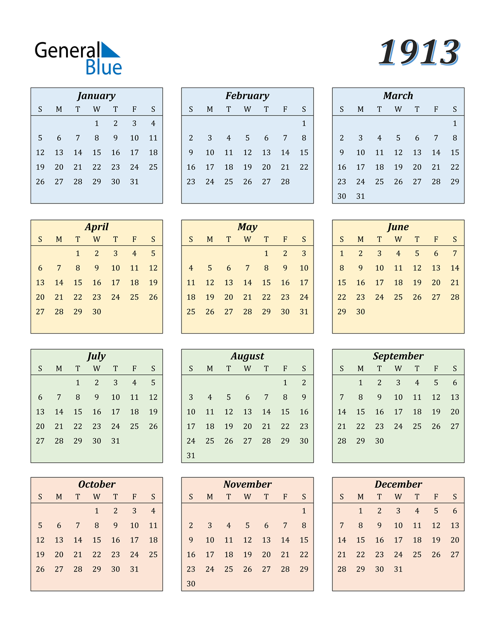 1913 Calendar (PDF, Word, Excel)