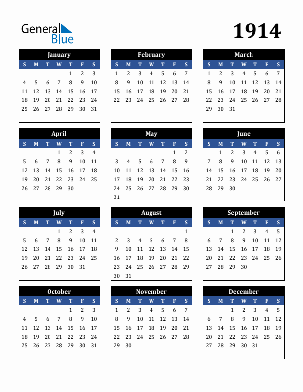 Free 1914 Calendars in PDF Word Excel
