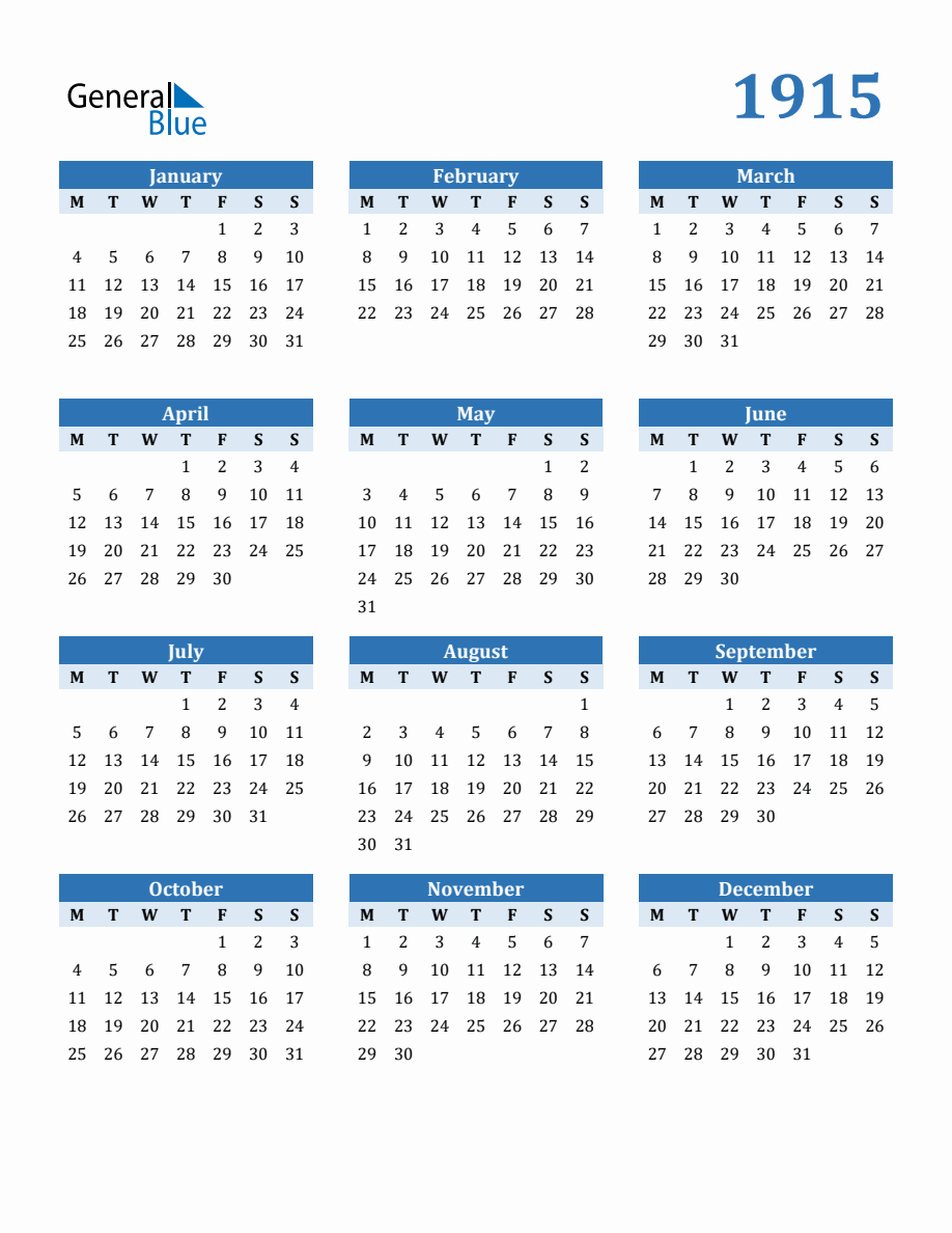 Free 1915 Year Calendar in PDF, Word, and Excel