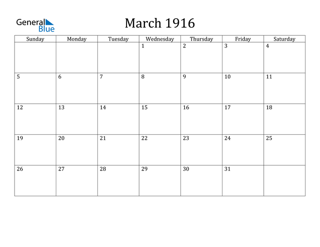 March 1916 Calendar (PDF Word Excel)