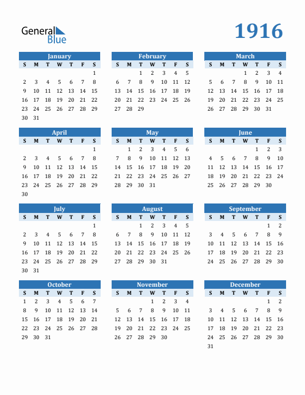 1916 Year Calendar with Sunday Start