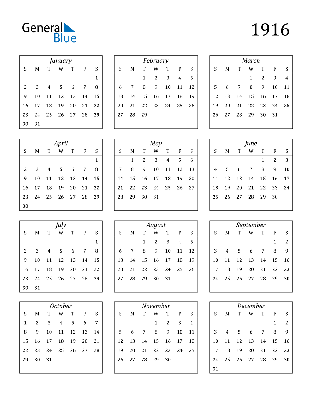 1916 Calendar (PDF, Word, Excel)