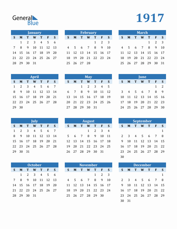 1917 Year Calendar with Sunday Start