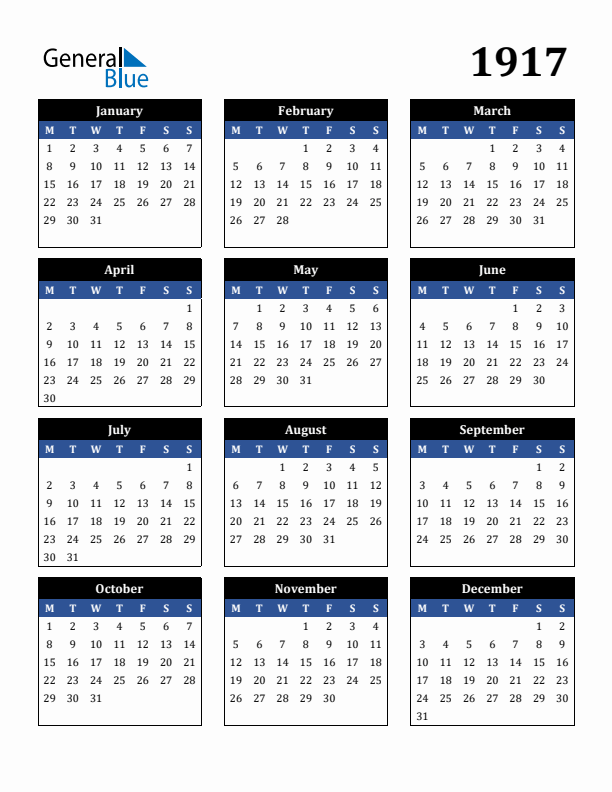 Editable Calendar 1917 - Monday Start
