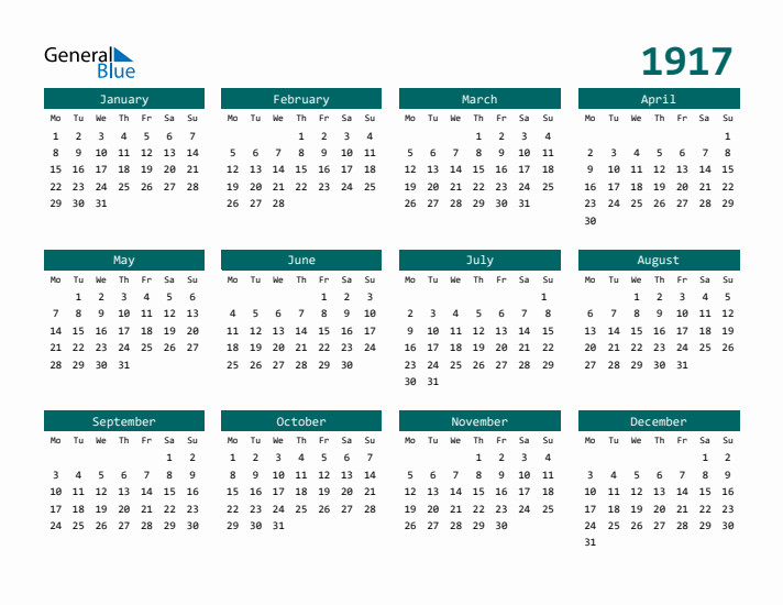 Downloadable 1917 Calendar