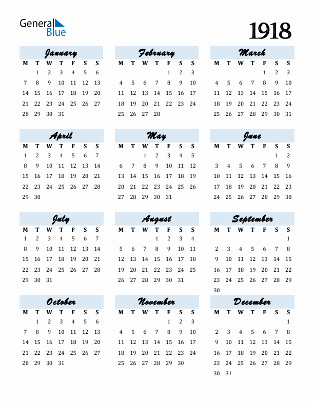 Calendar 1918 Free Download and Print