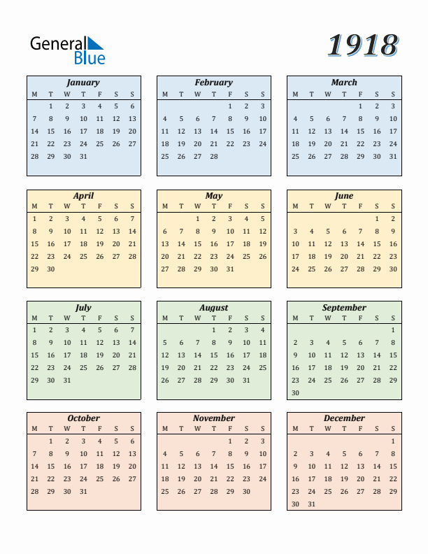 Calendar for 1918 (Monday Start)