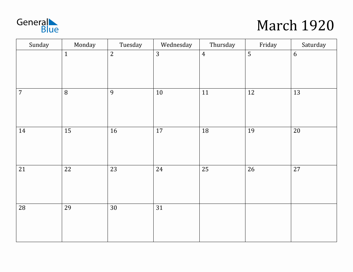 March 1920 Monthly Calendar
