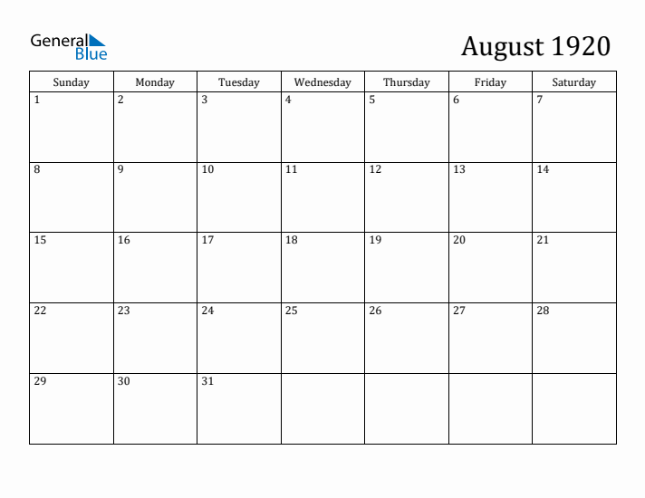August 1920 Monthly Calendar (PDF Word Excel)