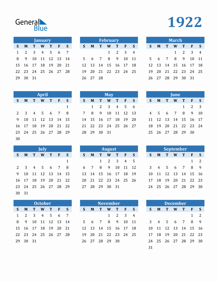 Free 1922 Year Calendar in PDF Word and Excel