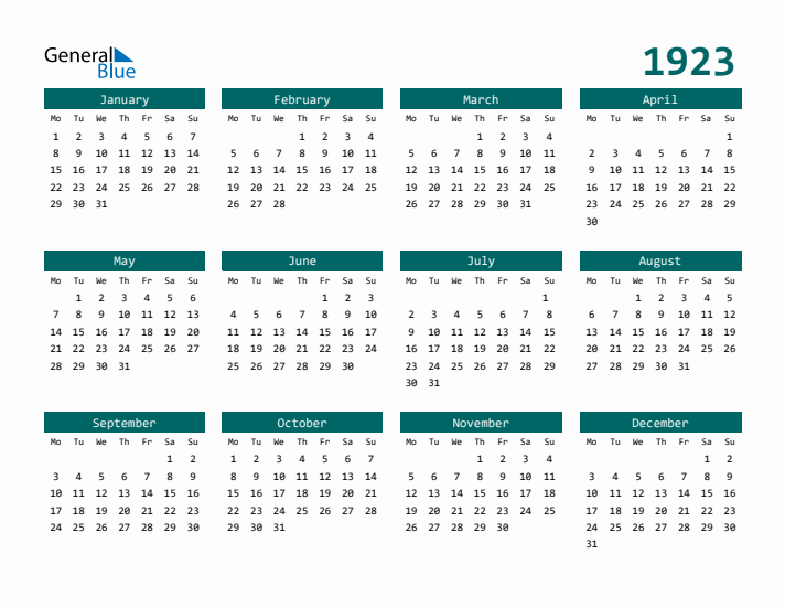 1923 Yearly Calendar Templates with Monday Start