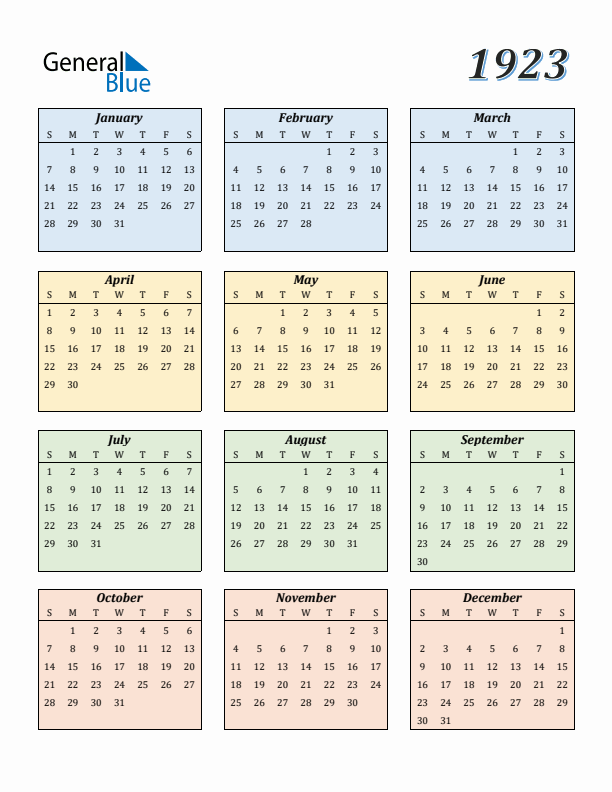 Calendar for 1923 (Sunday Start)