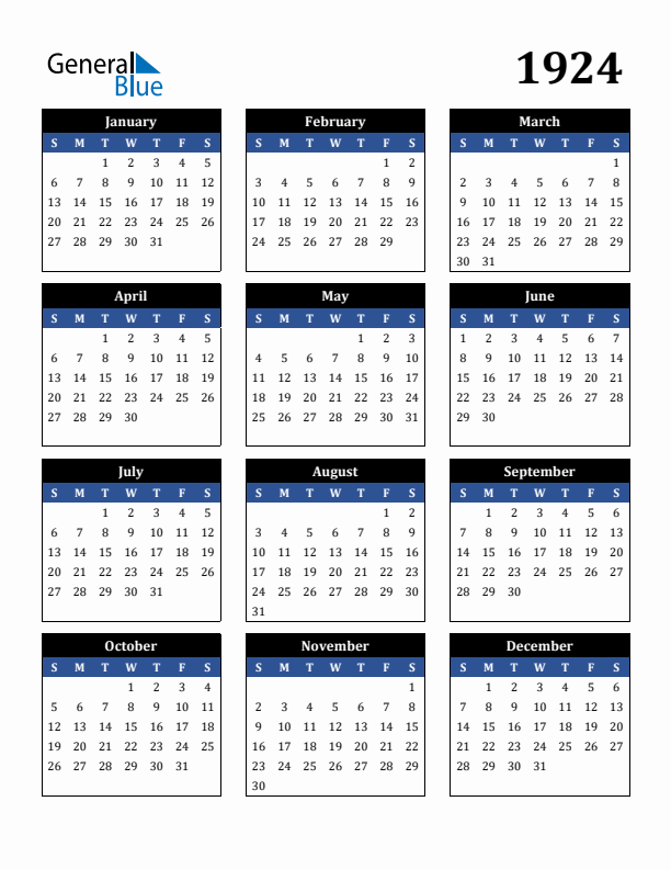 Editable Calendar 1924 - Sunday Start
