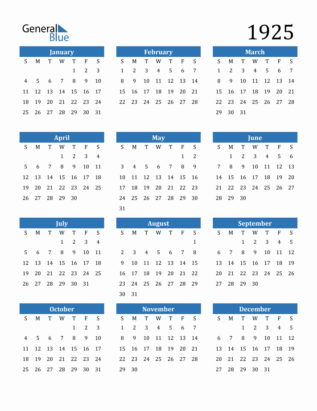 Free 1925 Calendars in PDF, Word, Excel