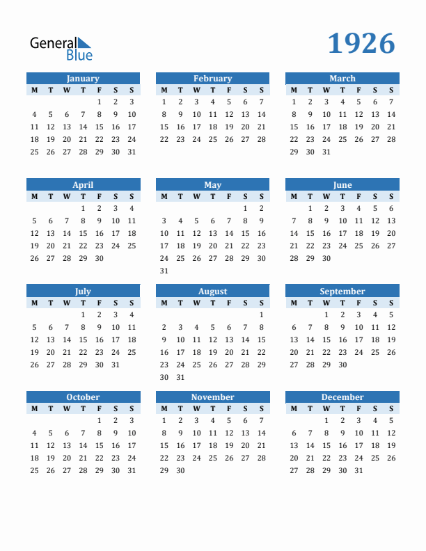 1926 Year Calendar with Monday Start