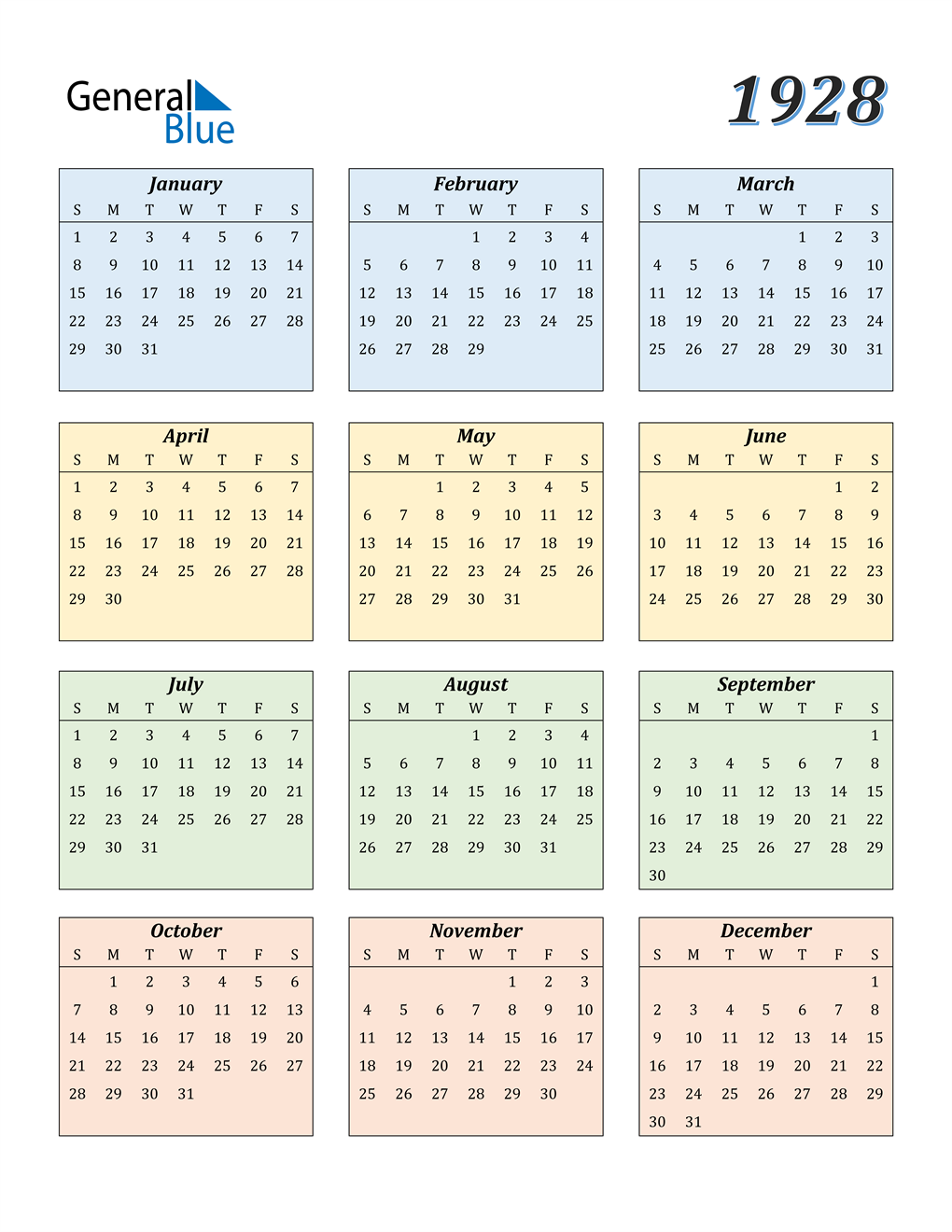 1928 Calendar (PDF, Word, Excel)