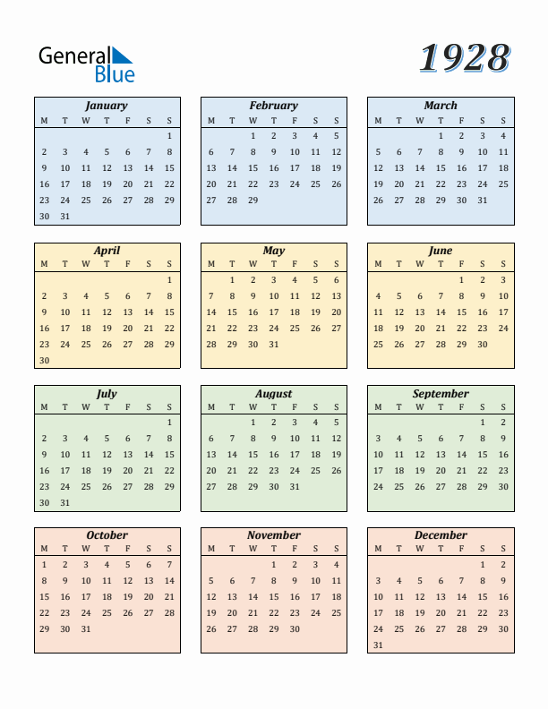 Calendar for 1928 (Monday Start)