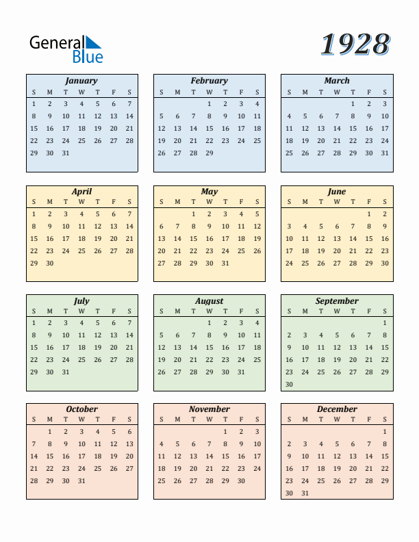 Calendar for 1928 (Sunday Start)