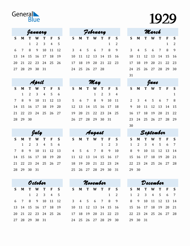 Free 1929 Calendars in PDF Word Excel