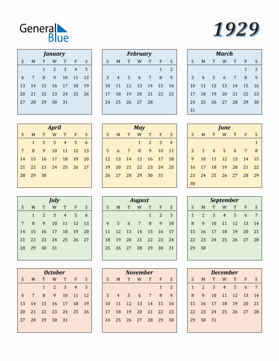 Calendar for Year 1929